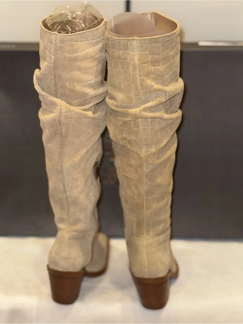 Vince Camuto Beige Croc-Embossed Over-the-Knee Boots